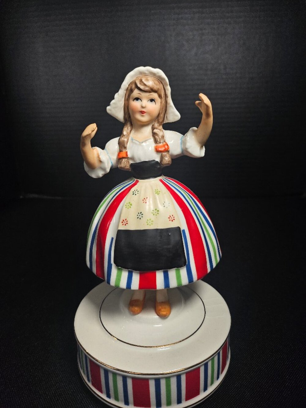 Vintage Schmid Porcelain Music Box Dutch Danish Girl Figurine Rotating Japan